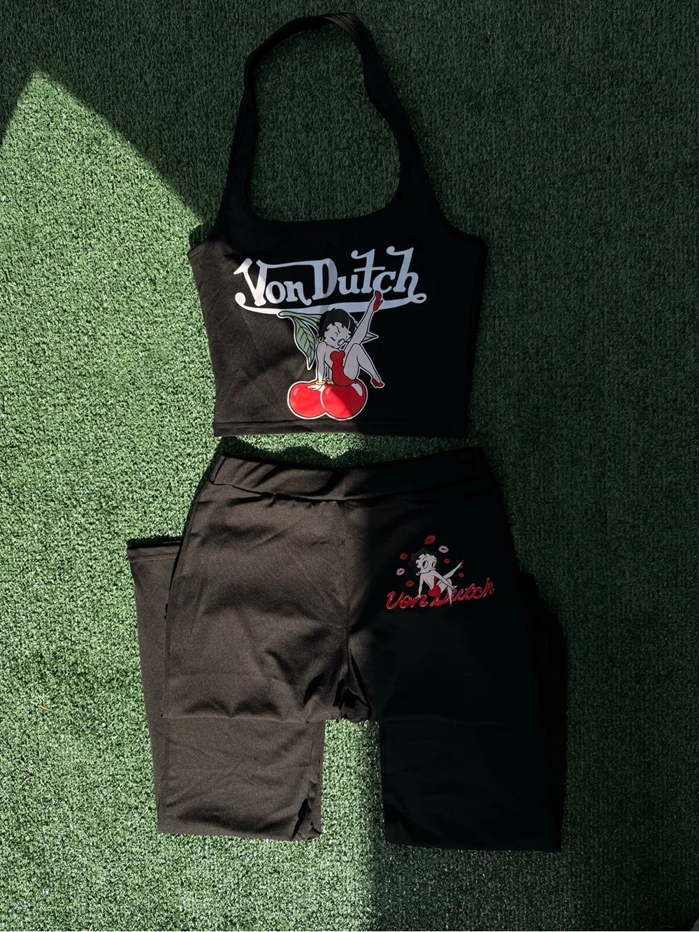 Von Dutch Pink Cherry Logo Halter Tank + Pants Set - Picture 2 of 2